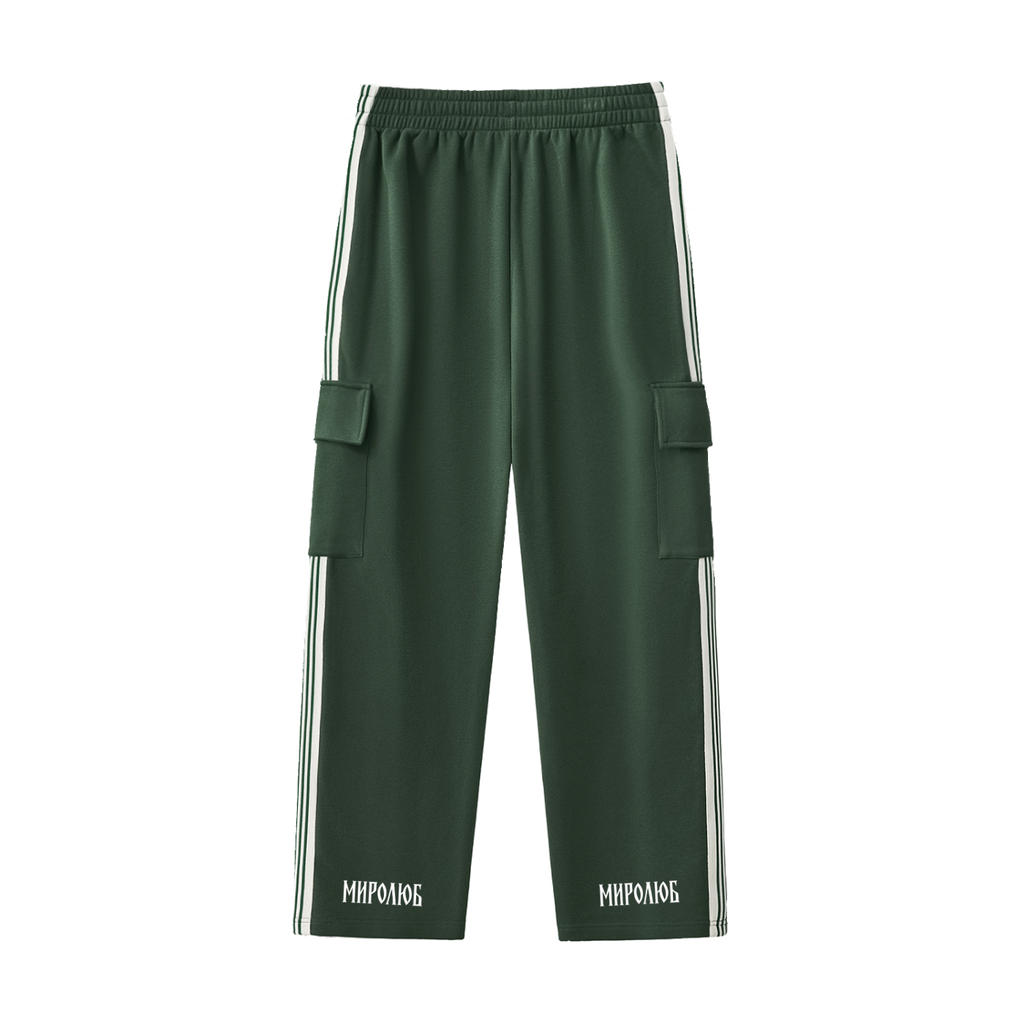 Green MIROLYUB Wordmark side-stripe pants, back view.