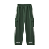 Green MIROLYUB Wordmark side-stripe pants, back view.