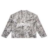 MIROLYUB Wordmark tree-camo waffle long sleeve, front view.