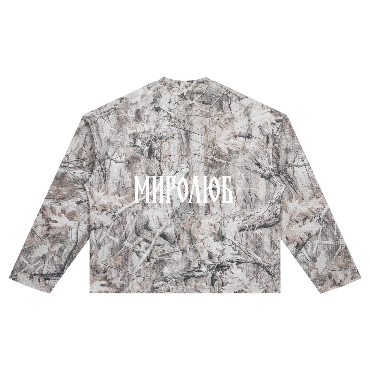 MIROLYUB Wordmark tree-camo waffle long sleeve, back view.