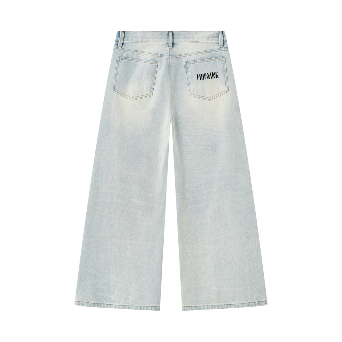 Light blue MIROLYUB Wordmark vintage-wash wide-leg jeans with a pocket wordmark, back view.