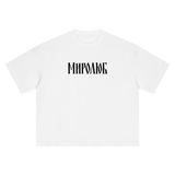 White MIROLYUB Wordmark boxy tee, front view.