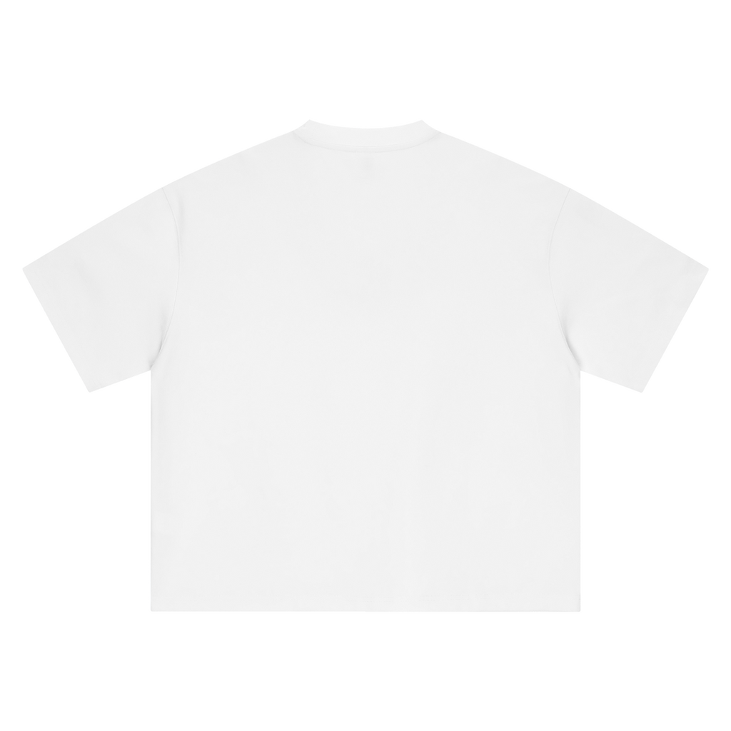 White MIROLYUB boxy tee, back view.