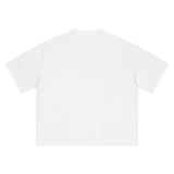 White MIROLYUB boxy tee, back view.