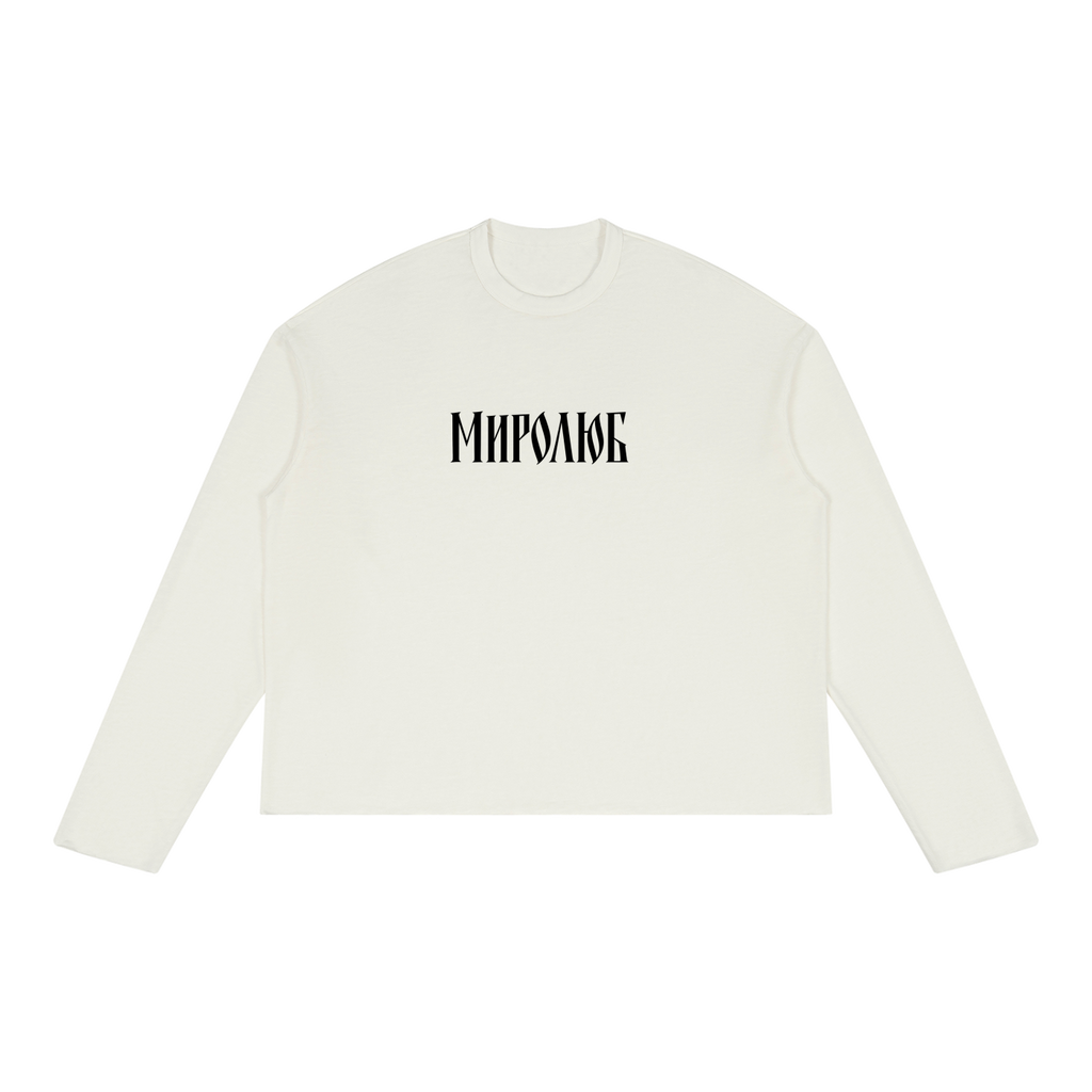 White MIROLYUB Wordmark raw-edge long sleeve, front view.