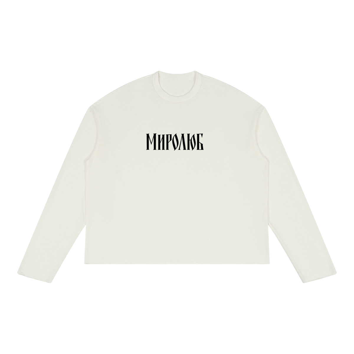 White MIROLYUB Wordmark raw-edge long sleeve, front view.