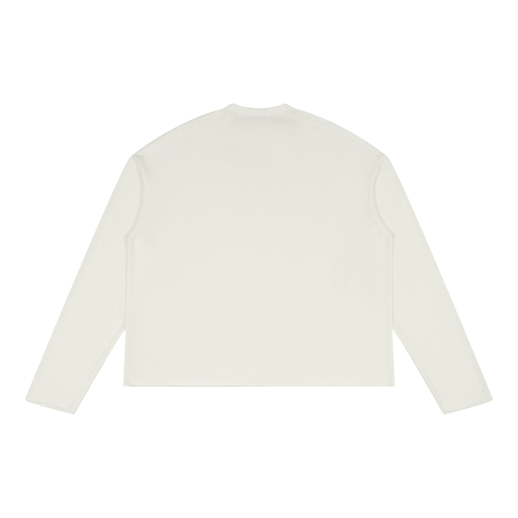 White MIROLYUB raw-edge long sleeve, back view.