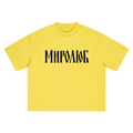 Yellow MIROLYUB Wordmark boxy tee, front view.