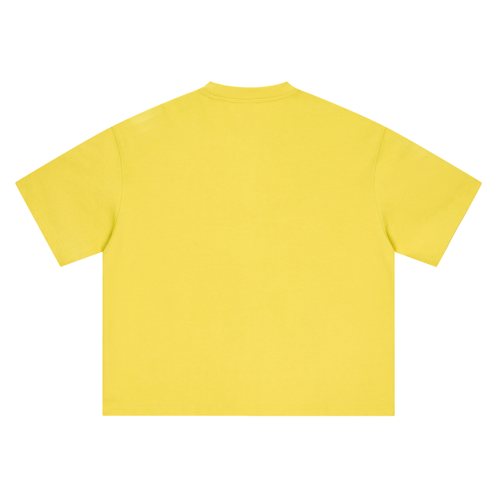 Yellow MIROLYUB boxy tee, back view.