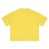Yellow MIROLYUB boxy tee, back view.