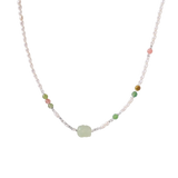 Zdravka necklace front detail with freshwater pearls, green and pink stone beads and a pale green carved centre