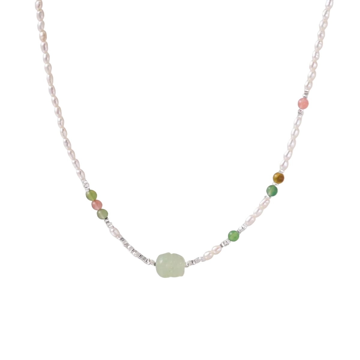 Zdravka necklace front detail with freshwater pearls, green and pink stone beads and a pale green carved centre