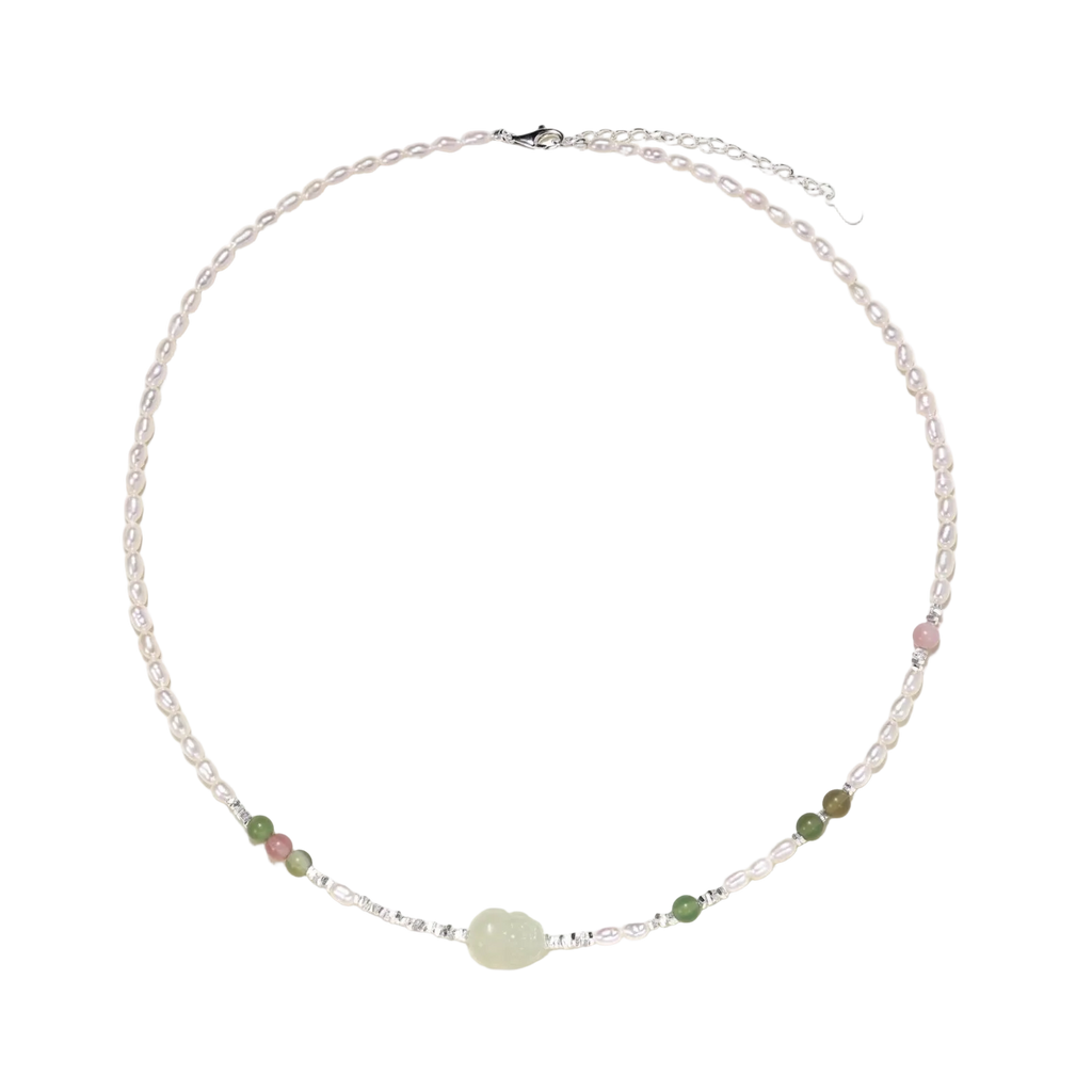 Full view of Zdravka freshwater pearl, agate and serpentine necklace with an adjustable silver clasp