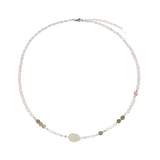 Full view of Zdravka freshwater pearl, agate and serpentine necklace with an adjustable silver clasp
