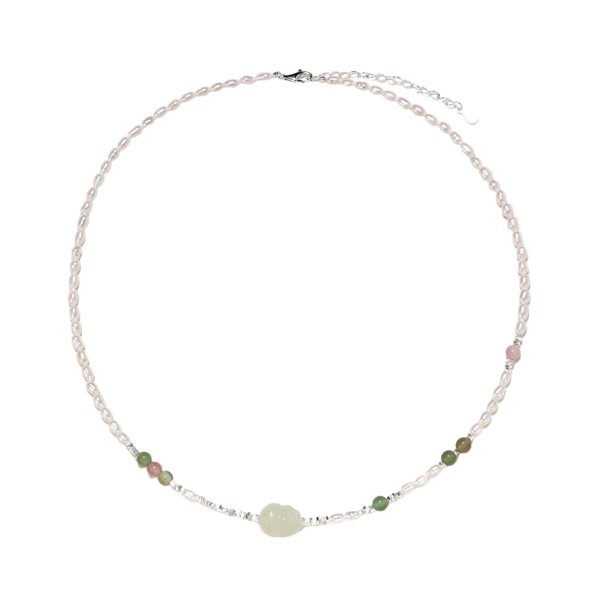 Full view of Zdravka freshwater pearl, agate and serpentine necklace with an adjustable silver clasp